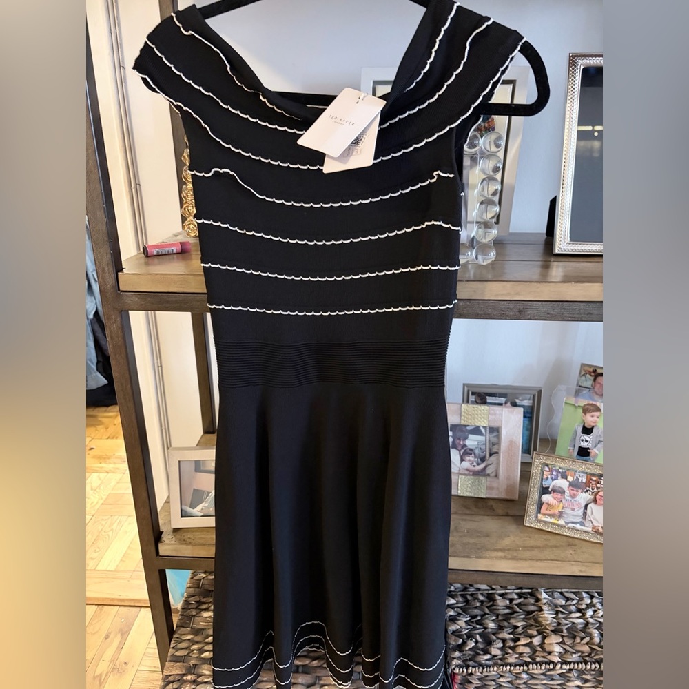Ted Baker Knit Black A line Dress with White Trim- Never Worn Tags- NWT